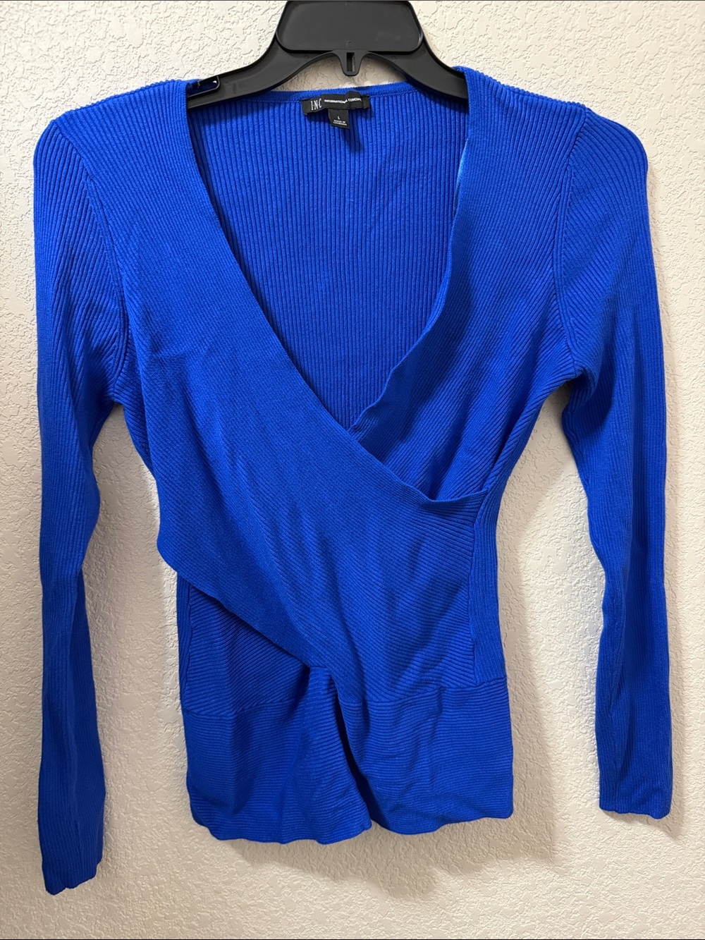 INC International Concepts Cobalt Blue Ribbed Wrap-Front Long Sleeve Top